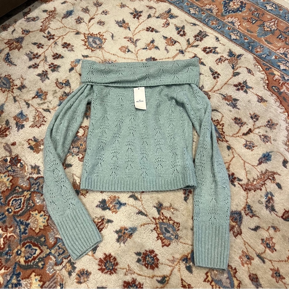 Hollister Sage Green Off-the-Shoulder Pointelle Sweater